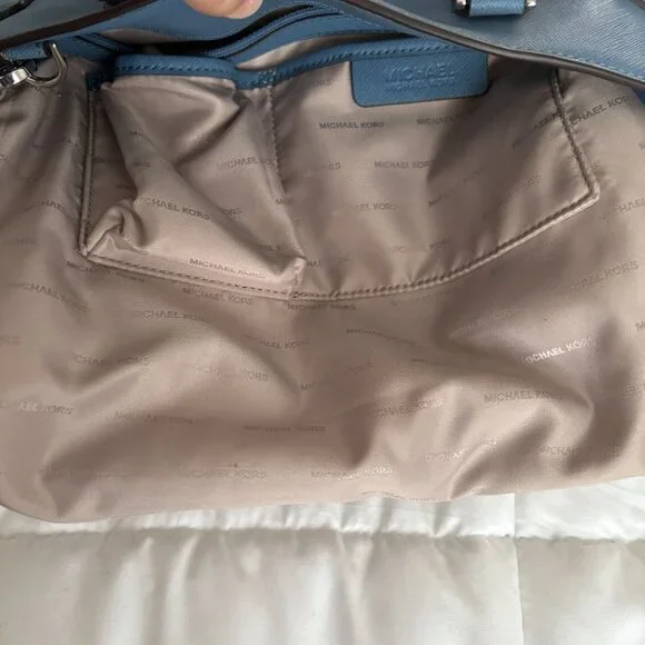 Michael Kors Tote Bag Emma Satchel Shoulder Crossbody Blue Pockets Leather - Picture 9 of 14